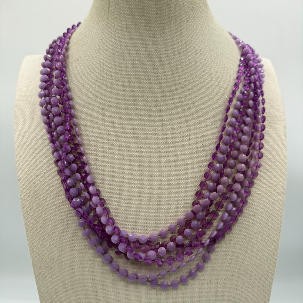 Purple Lavender Multi Strand Beaded Necklace Vintage Statement Boho Layering